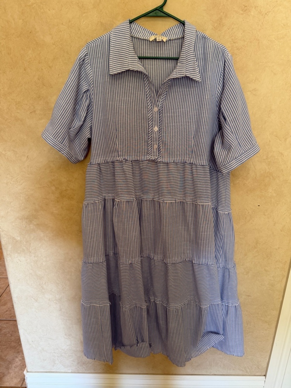 Umgee Blue & White Striped Tiered Midi Dress